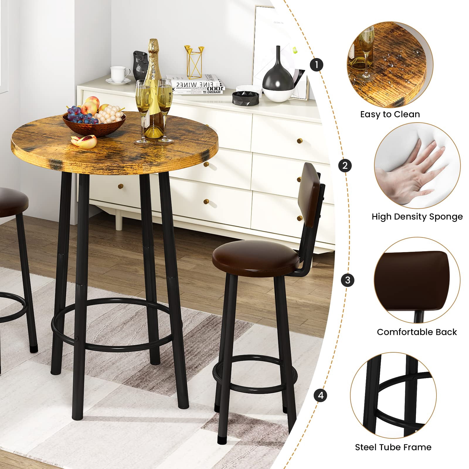 MOOSENG Bar Table Set of 2, Bistro Kitchen Table Sets with 2 PU Leather Bar Stools, Wood Pub Bar Table Set for Breakfast Nook Small Space Restaurant, Round Table