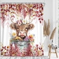 thumbnail image 2 of Red Shower Curtain, Boho Plant Eucalyptus Leaves Floral Funny Highland Cow Bath Curtain, Farmhouse Animals Bathroom Accessories Botanical for Bathroom Curtain Set with Hooks, 72X72in, 2 of 5