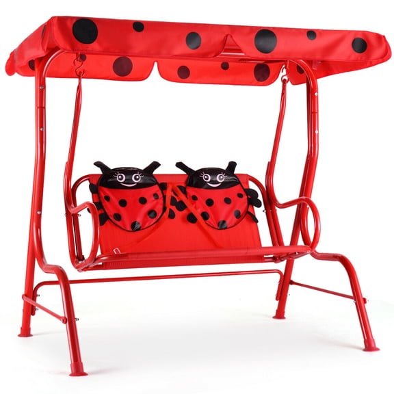 Gymax Red Kids Patio Porch Bench Swing w/ Safety Belt Canopy Outdoor Furniture