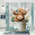thumbnail image 3 of Funny Highland Cow Shower Curtain, Cute Farmhouse Teal Floral Western Wood Animal Shower Curtain Set, Country Rustic Turquoise Bathroom Accessories Set Decor with Hooks, 48X70in, 3 of 6