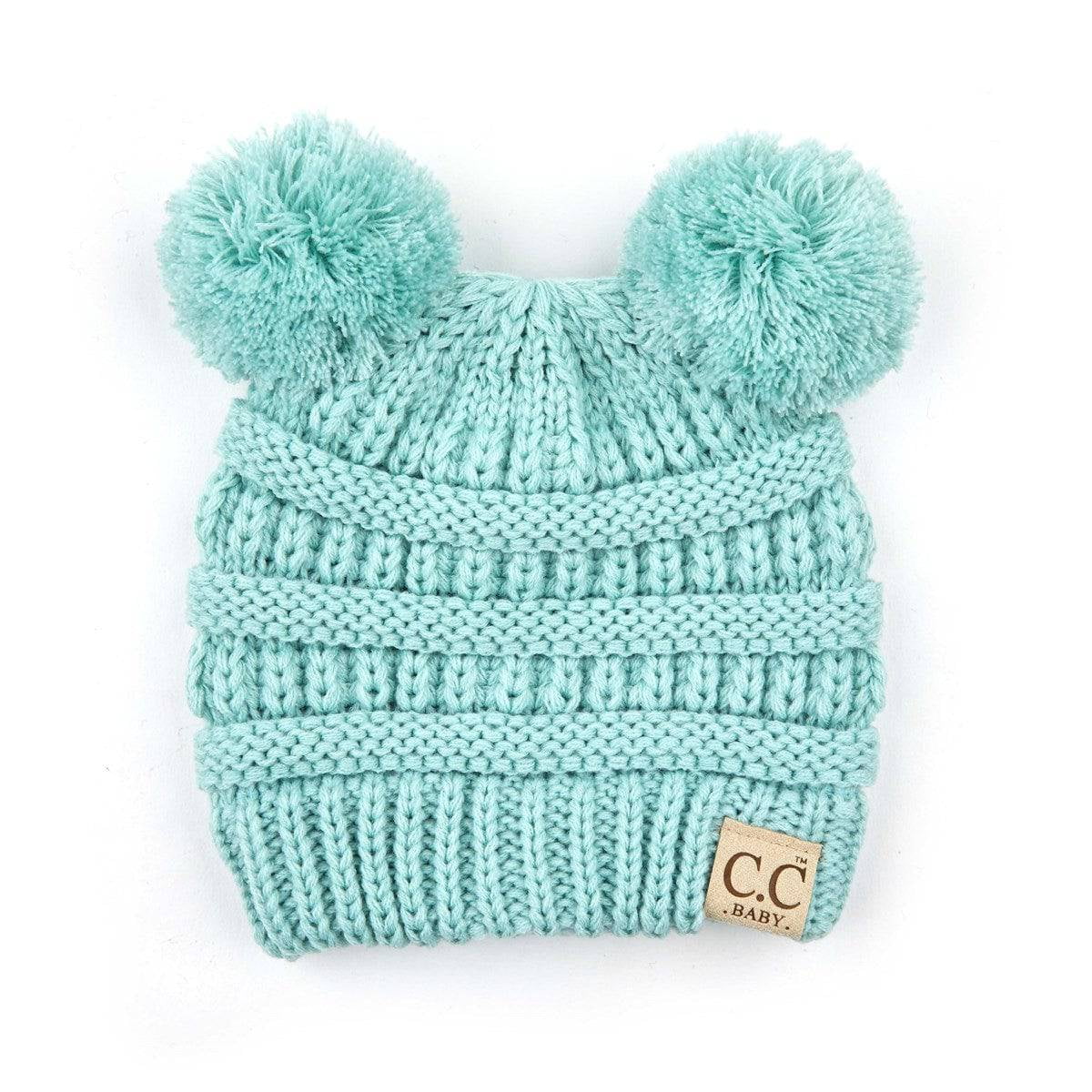 CC Baby Double Pom Cable Knit Yarn Pom Newborn to 9 Months Infant Beanie Light Grey - Soft, Warm Hats for Babies and Toddlers - Cozy Winter Wear