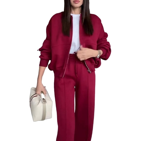 Women'S 2 Piece Outfits Oversized Sweatsuit Zip Up Long Sleeve Sweatshirt with Wide Leg Sweatpants Red L