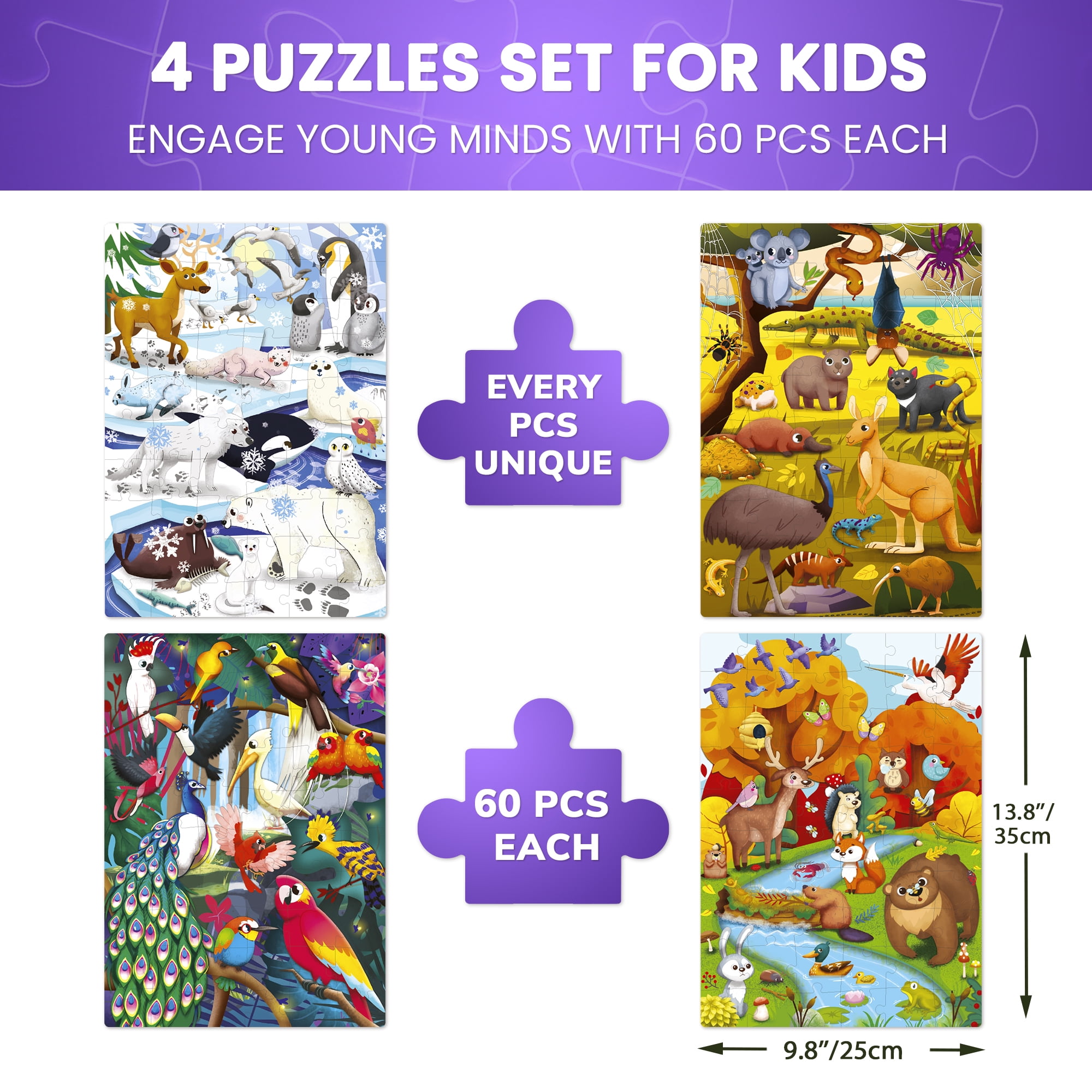 Quokka 60-Piece Jigsaw Puzzle Set – 4-Pack Animal-Themed Puzzles for Kids Ages 4-8, Educational Toy