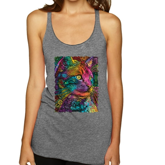 Colorful Cat Portrait | Cat Lover Owner | Dean Russo Art Animal Lover Tri-Blend Racerback Sleeveless Top, Premium Heather, L