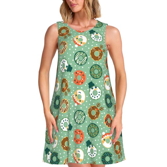 Fotbe Christmas Donuts Vestido de Verano sin Mangas para Mujer – Vestido Midi Línea A, Estilo Camiseta Floral, Vestido Playero Casual y Fluido