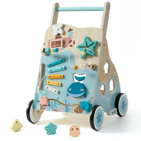 Robud Wooden Baby Push Walker, Ocean-Themed Wooden Baby Walker with Wheels, Sit-to-Stand Activity Center, Push Toy for Toddlers, for Boys and Girls