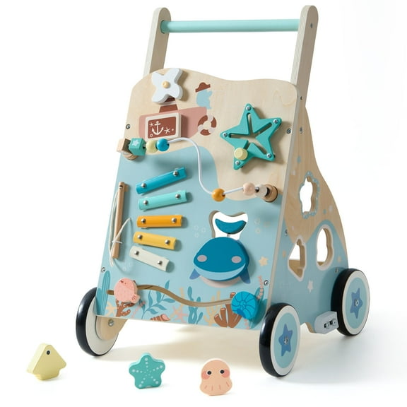 Robud Wooden Baby Push Walker, Ocean-Themed Wooden Baby Walker with Wheels, Sit-to-Stand Activity Center, Push Toy for Toddlers, for Boys and Girls