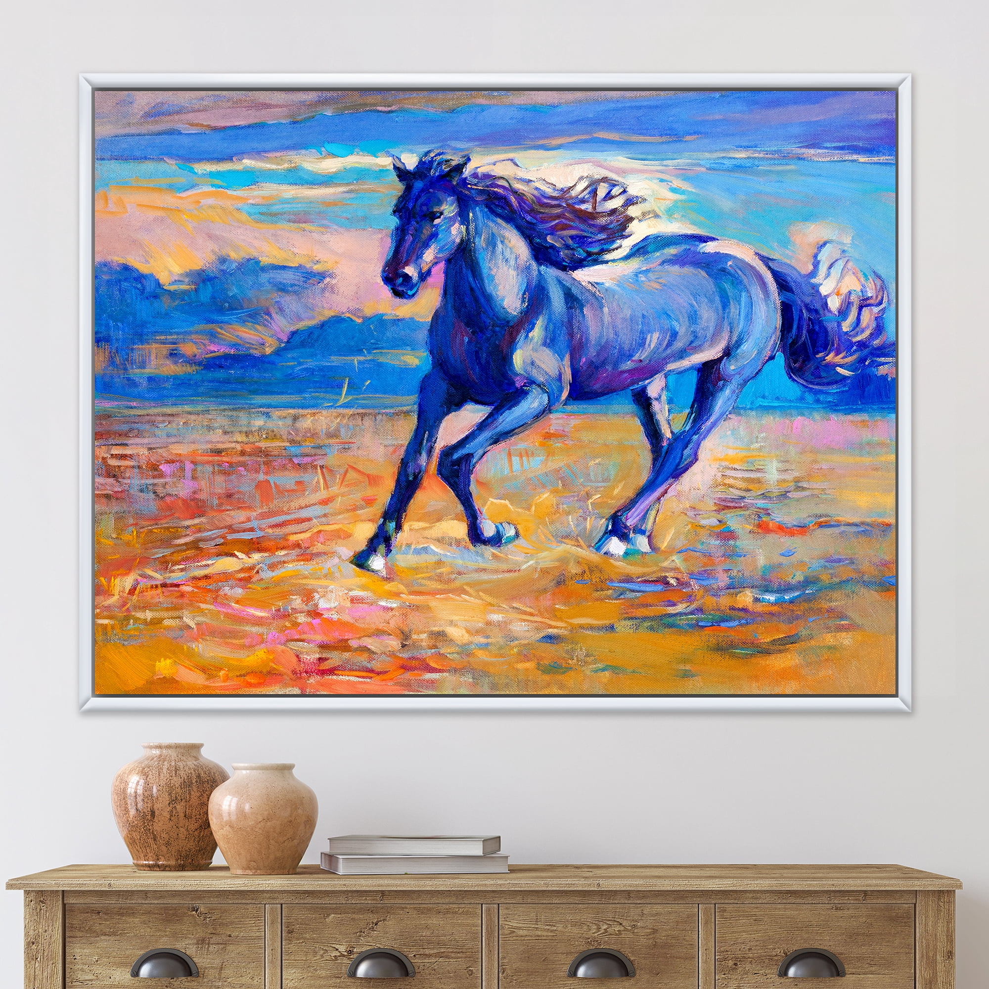 Abstract Blue Horse Galoping Over The Prairie 20 in x 12 in Framed Painting Canvas Art Print, by Designart