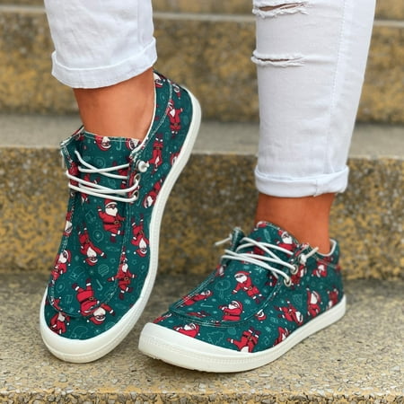 

TALKVE Christmas Womens Shoes Fashion Breathable Cloth Shoes Christmas Print Lace Up Flat Casual Shoes