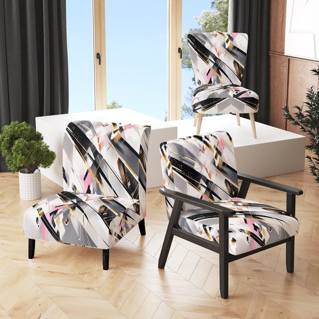 Designart "Symmetrical Abstract Pink Grey Fusion" Pink Cubism Upholstered Accent Chair - Modern Arm Chair For Living Room