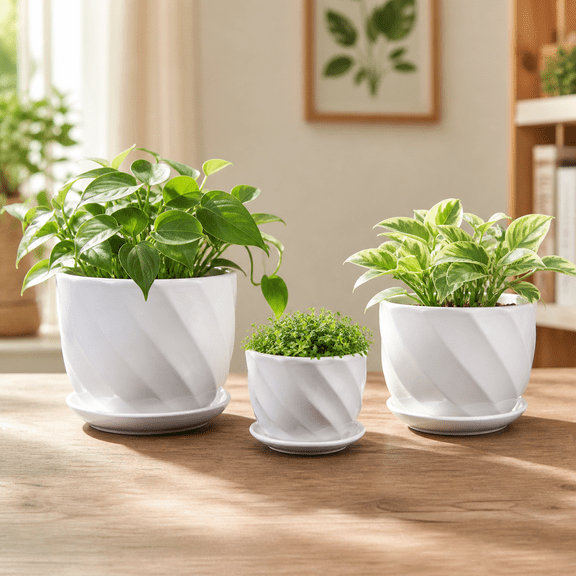 Florinia Spiral White Ceramic Planter Set with Saucers – Modern Dolomite Indoor Plant Pots (Set of 3)