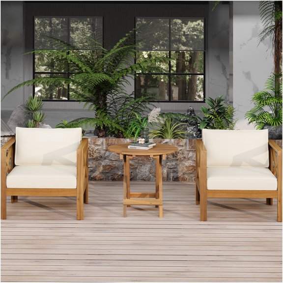 JERFIT Outdoor Conversation Set with Cushions, 2-Piece Foldable Acacia Wood Armchairs and Portable Side Table, Teak Finish All-Weather Patio Furniture for Garden, Poolside