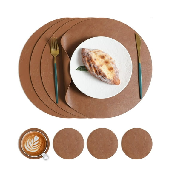XmhyTop-A 8-Pack Round Placemats and Coasters Set, 33x33cm Non-Slip Wipeable Faux Leather Place Mats for Kitchen Dining Table,Style B,Brown