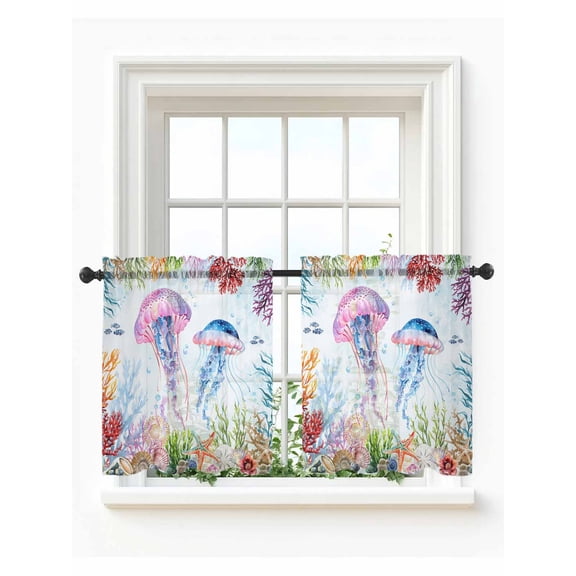Jellyfish Coastal Tier Curtains 36 Inch Length,Sheer Curtains for Bedroom Living Room Window Blue Nautical Summer Beach Ocean Rod Pocket Drapes Kitchen Curtains Small Half Window 27.5"x36" 2 Panels