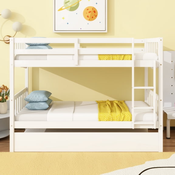 Twin Over Twin Rubber Wood Bunk Bed with Trundle, Convertible into Two Twin Beds, White