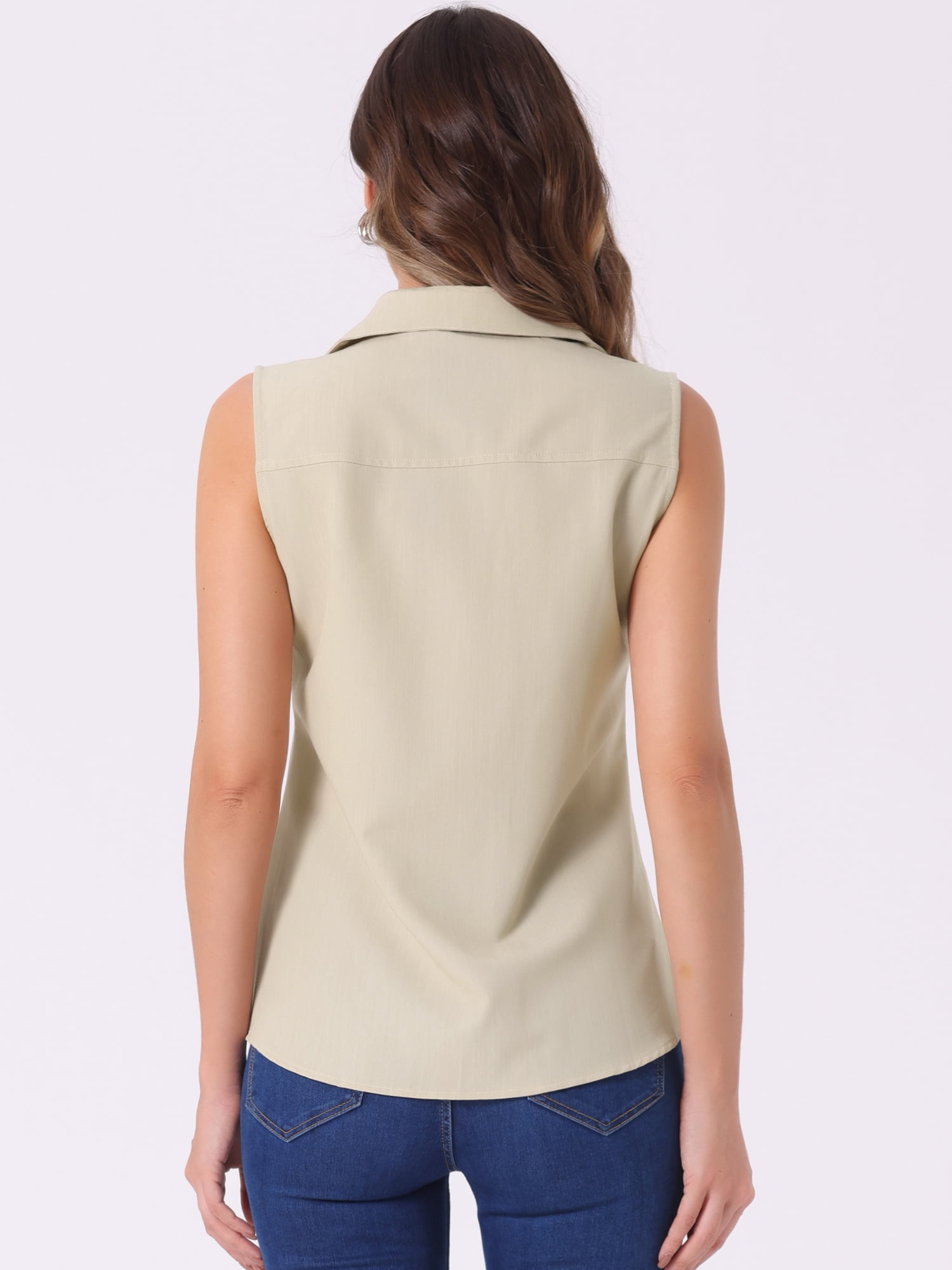 DARING DIVA Sleeveless Lapel Chambray Tunic Denim Shirt XS Light Khaki