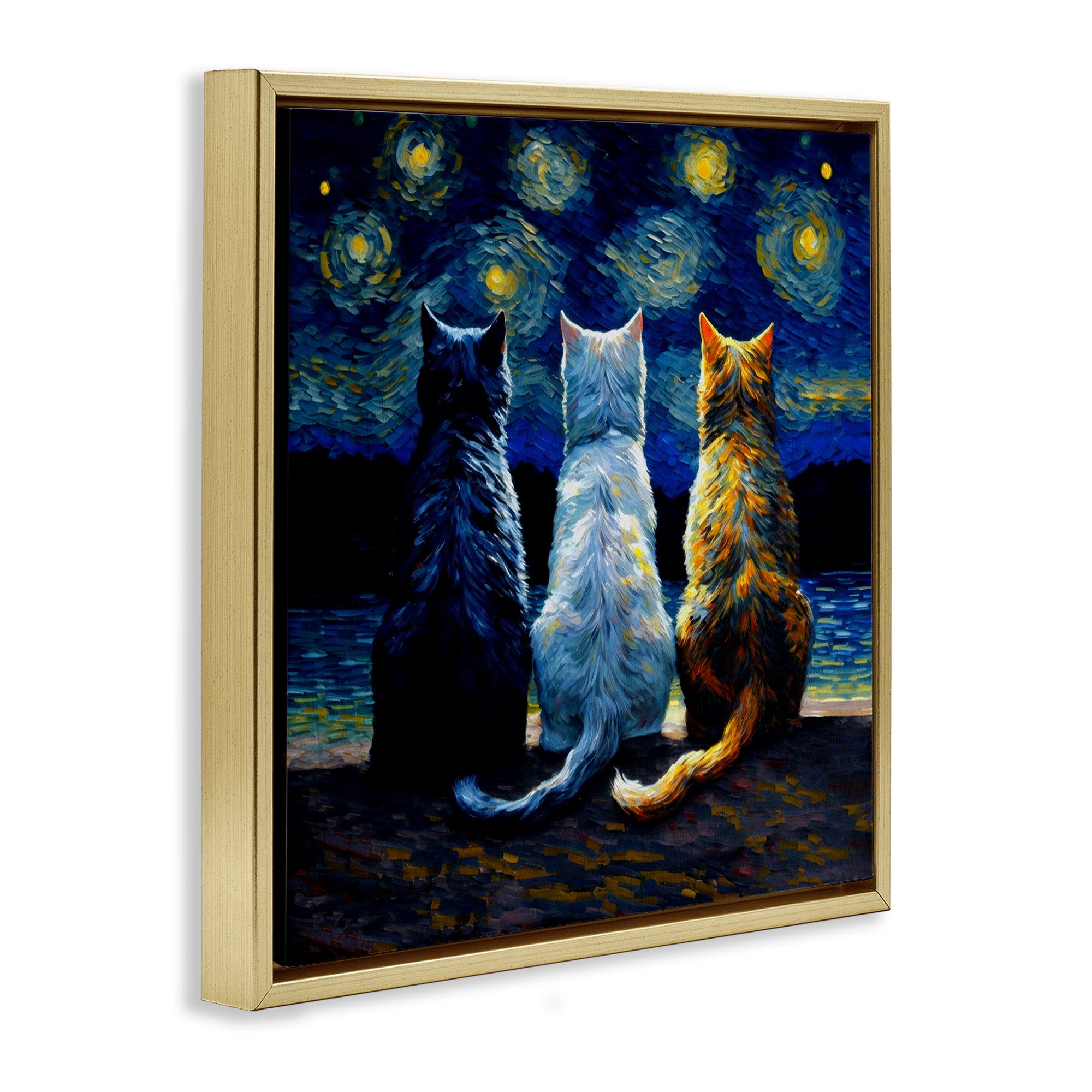 Stupell Industries Van Gogh Style Cats Animals Painting Gold Floater Framed Canvas Art Print Wall Art, 25 x 25