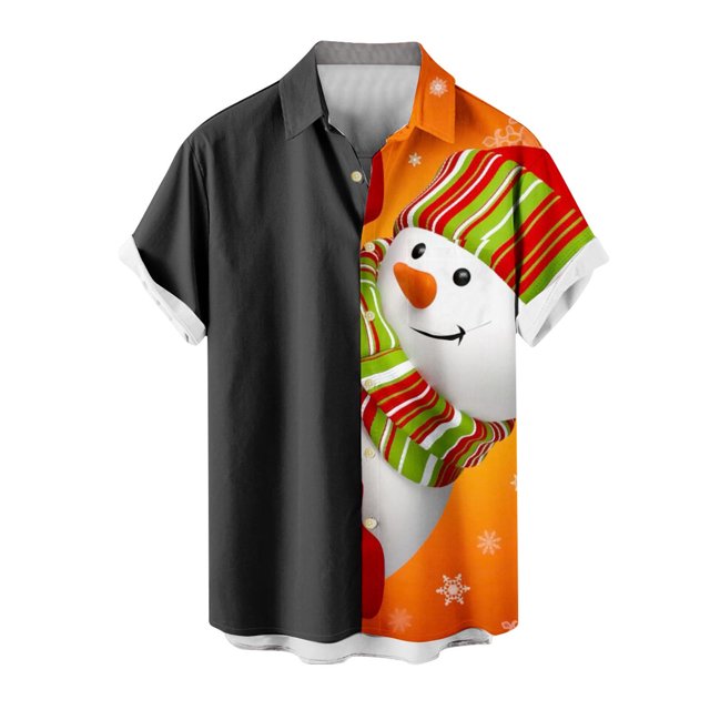 Mens Manga Corta Botón Abajo Camisas, Navidad Impreso Turndown Cuello Blusa, Top de Moda Casual