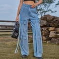 thumbnail image 6 of OWMEOT Women's High Waisted Baggy Jeans Y2K Fashion Cargo Jeans Straight Wide Leg Streamers Denim Pants with Flap Pockets, 6 of 9