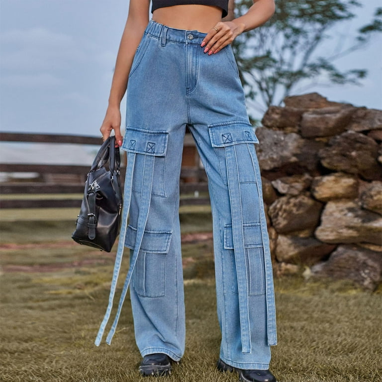 JWZUY Women's Cargo Pants Y2K High Waist Baggy Jeans Strappy Flap Pocket  Wide Leg Loose Denim Pants Streetwear Blue M
