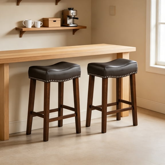 Set of 2 Dark Brown Saddle Bar Stools, Rubberwood Frame, Supports 300 lbs Each