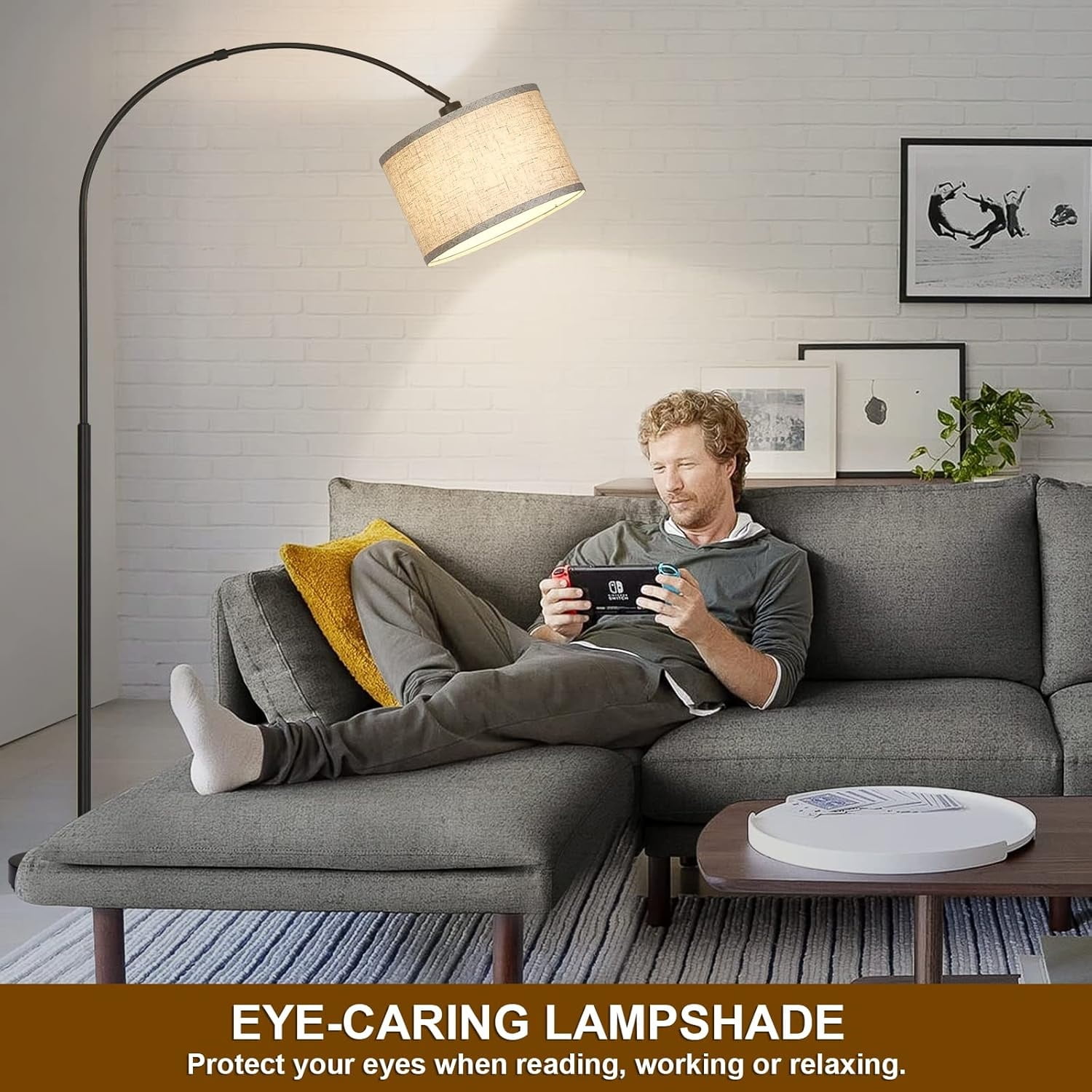 Floor Lamps for Living Room, Modern Standing Lamp with Adjustable Hanging Drum Shade, Tall Pole Lamp with Foot Switch, Over Couch Arched Reading Light for Bedroom, Office (Black)