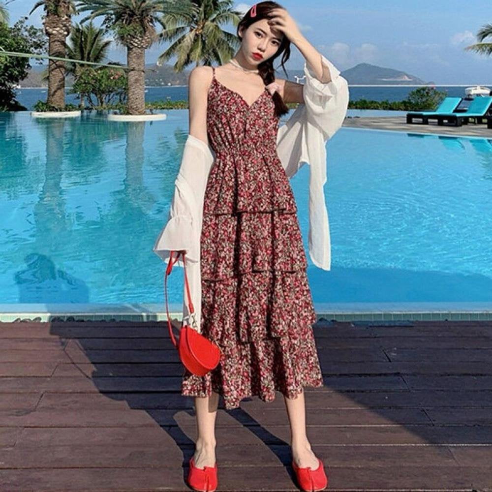 MesaSe Summer Korean Sleeveless Dresses Women Long Dress Floral Printed  Spaghetti Strap Sling Elegant Casual Chiffon V-Neck Black XL - Walmart.ca
