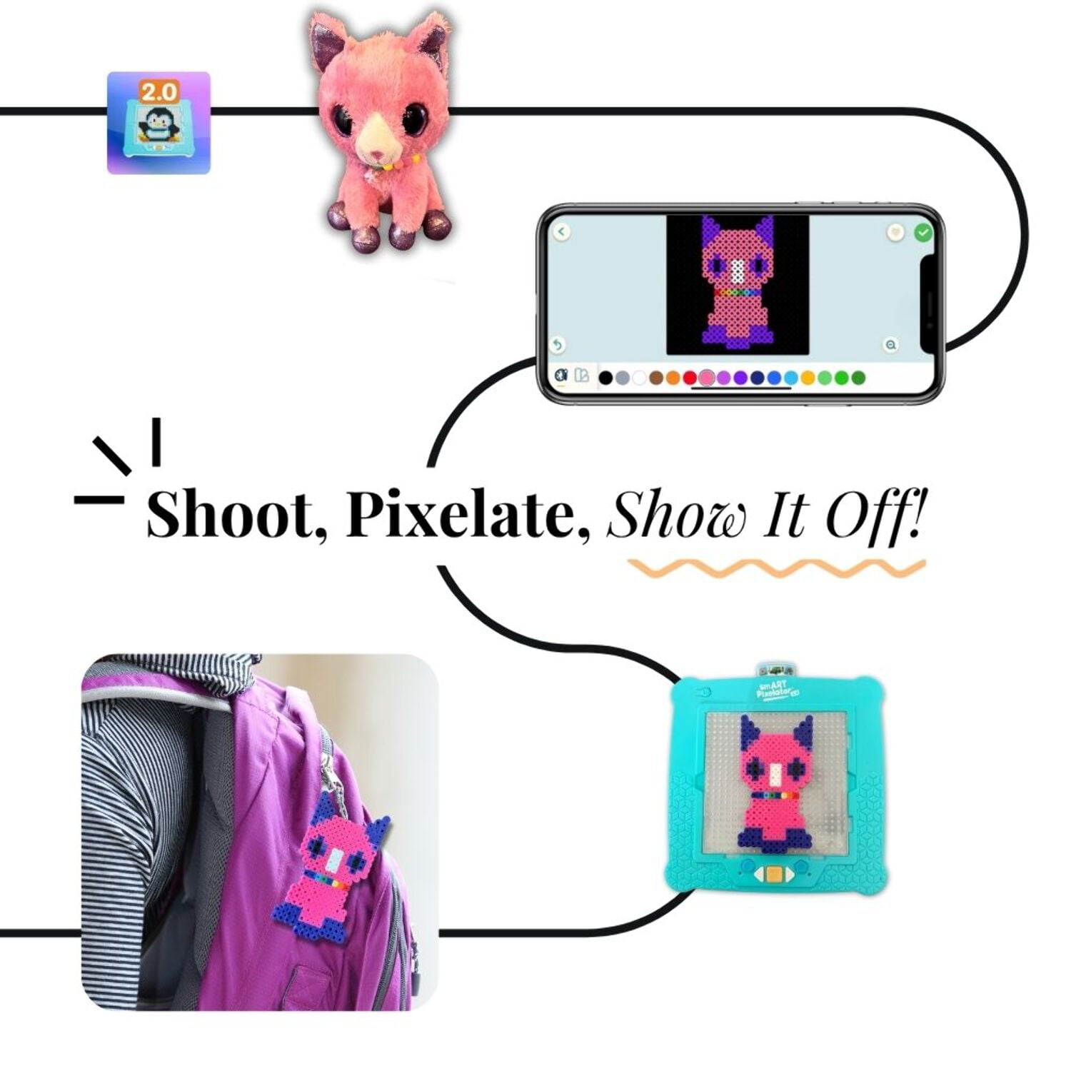 Flycatcher Smart Pixelator 2.0 – LED Pattern Guide for Fuse Bead Crafts, 2D & 3D Designs, Free App-Connected STEAM Toy, Ages 7+