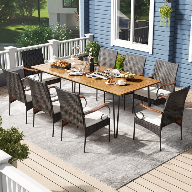 Gymax 9 PCS Acacia Wood Patio Dining Set for Outdoor Spaces