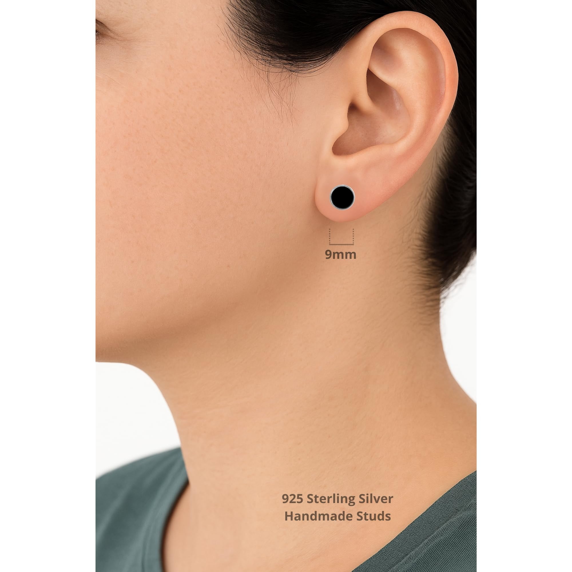 Echmeck Solid 925 Sterling Silver Black Flat Onyx Handmade Stud Earrings for Women Men - 9mm