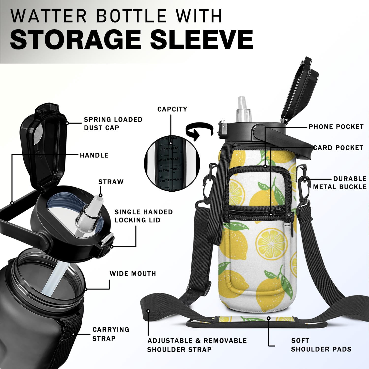 Lemon 64 Oz Half Gallon Water Bottle with Sleeve - BPA Free Leakproof Sport Large Plastic Water Bottle with Straw & Time Marker & Insulated Neoprene Holder Carrier Bag Great Gift for Women Men