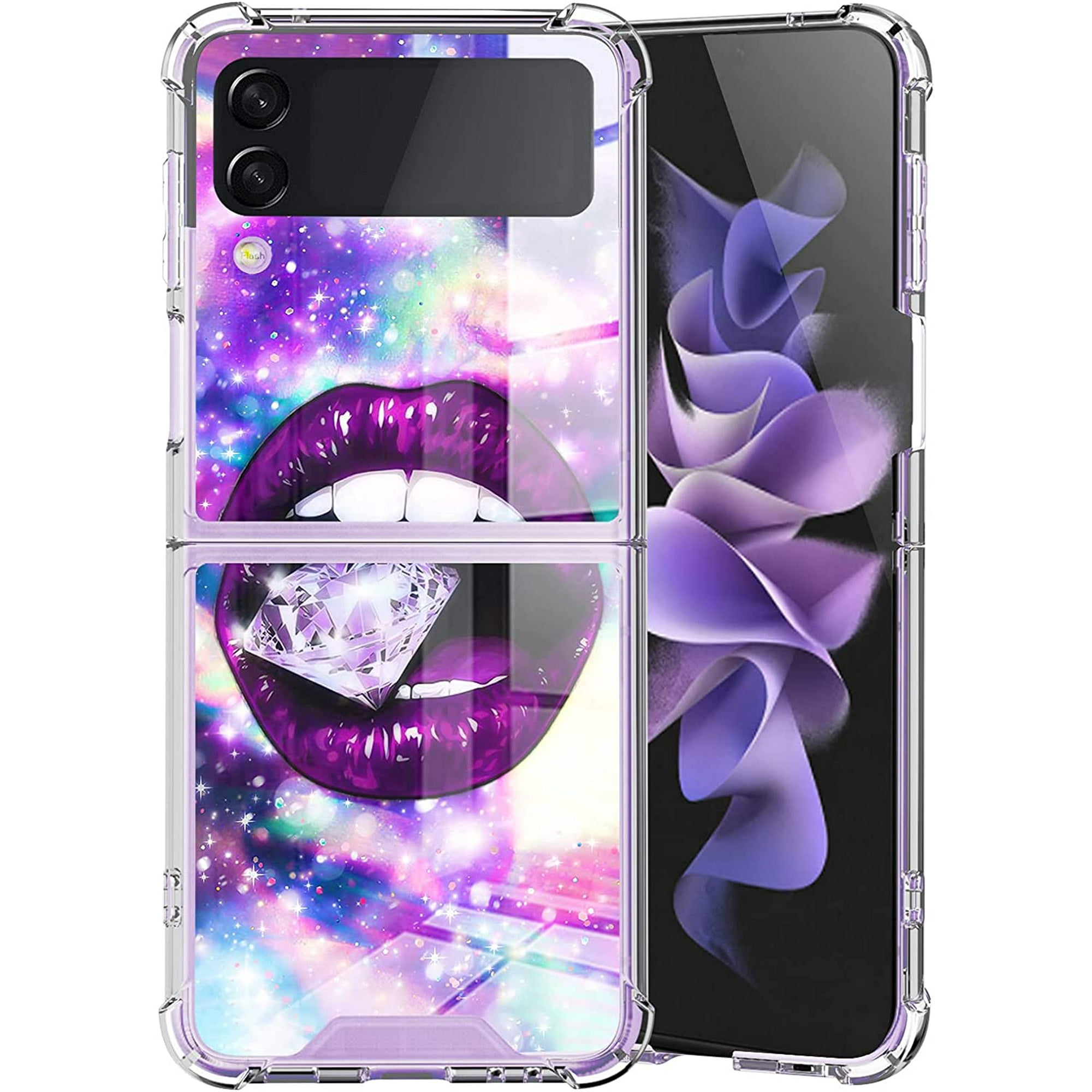 Ibaolea Clear Case For Samsung Galaxy Z Flip 3 5g Case Diamond And Lips Design Slim Thin Shockproof Full Body Protective Phone Case Cute Samsung Galaxy Z Flip 3 Case For Women