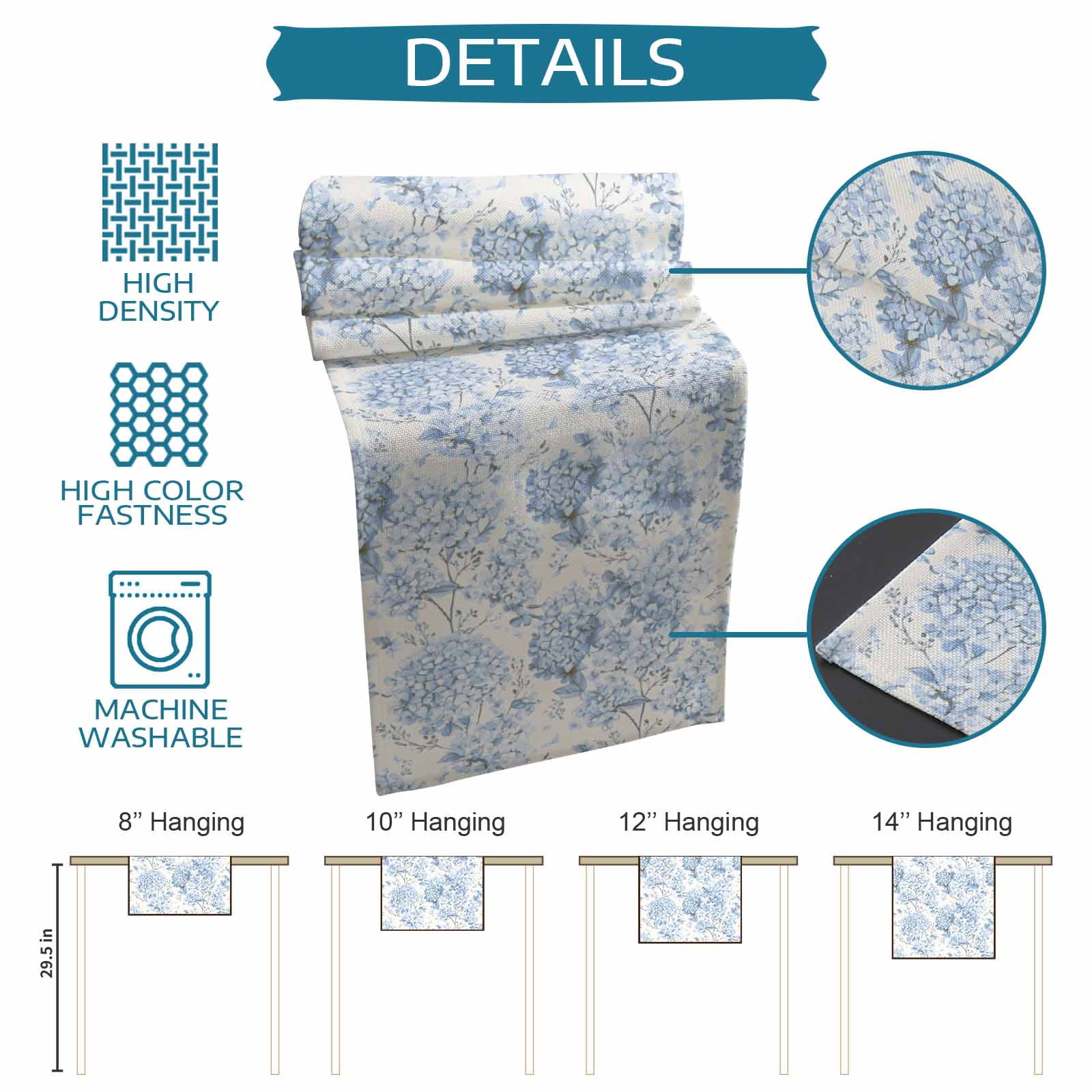 Blossoms Hydrangea Floral Table Runner 90 Inches Long,Kitchen Dining Tablerunners Blue Flowers Linen Table Runners Dresser Scarves for Home Dinner Wedding Holiday Party Decor