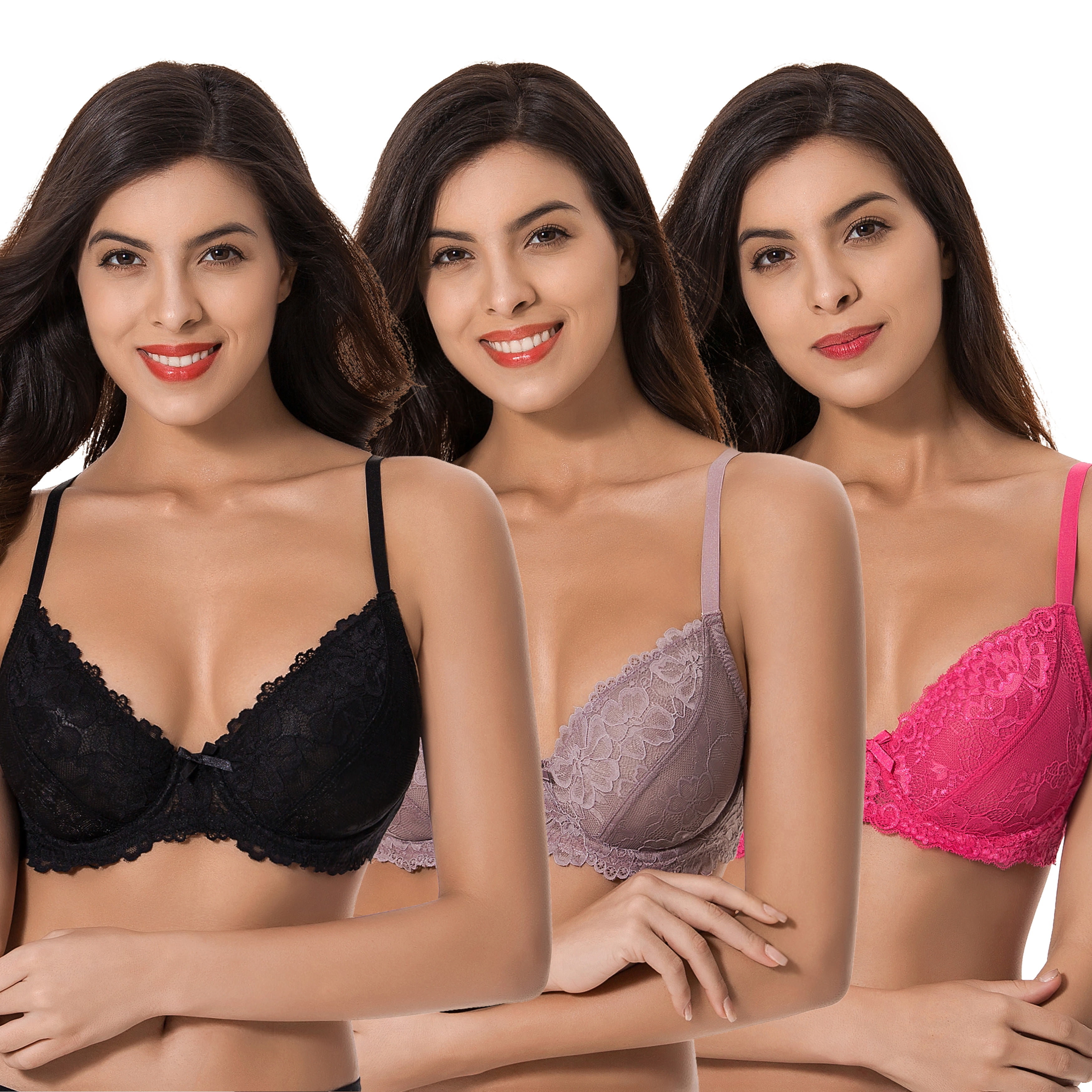 Curve Muse Semi-Sheer Balconette Underwire Lace Bra and Scalloped Hems (3  Pack)-BLACK,ROSE,MAUVE-48D