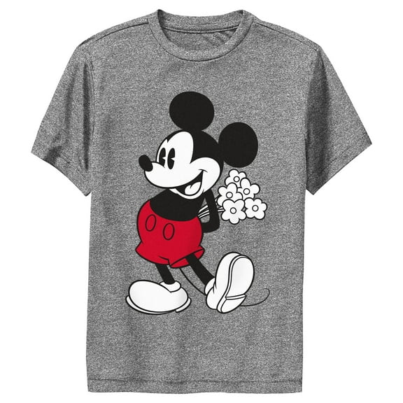 Boy's Mickey & Friends Classic Mouse Flowers Performance Graphic Tee Charcoal Heather Small