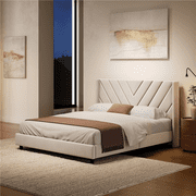 Yaheetech Upholstered Platform Bed with Tufted Headboard, Queen, Beige