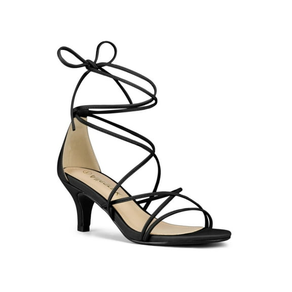 BLISSFUL STEP Women's Back to School Straps Kitten Heel Lace Up Sandals Black 8.5