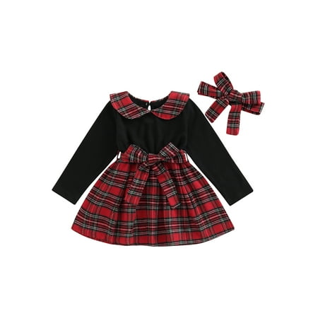 

Bagilaanoe Toddler Baby Girl Plaid Dress Long Sleeve A-line Princess Dresses + Headband 6M 12M 2T 3T 4T 5T Kids Casual Patchwork Swing Sundress