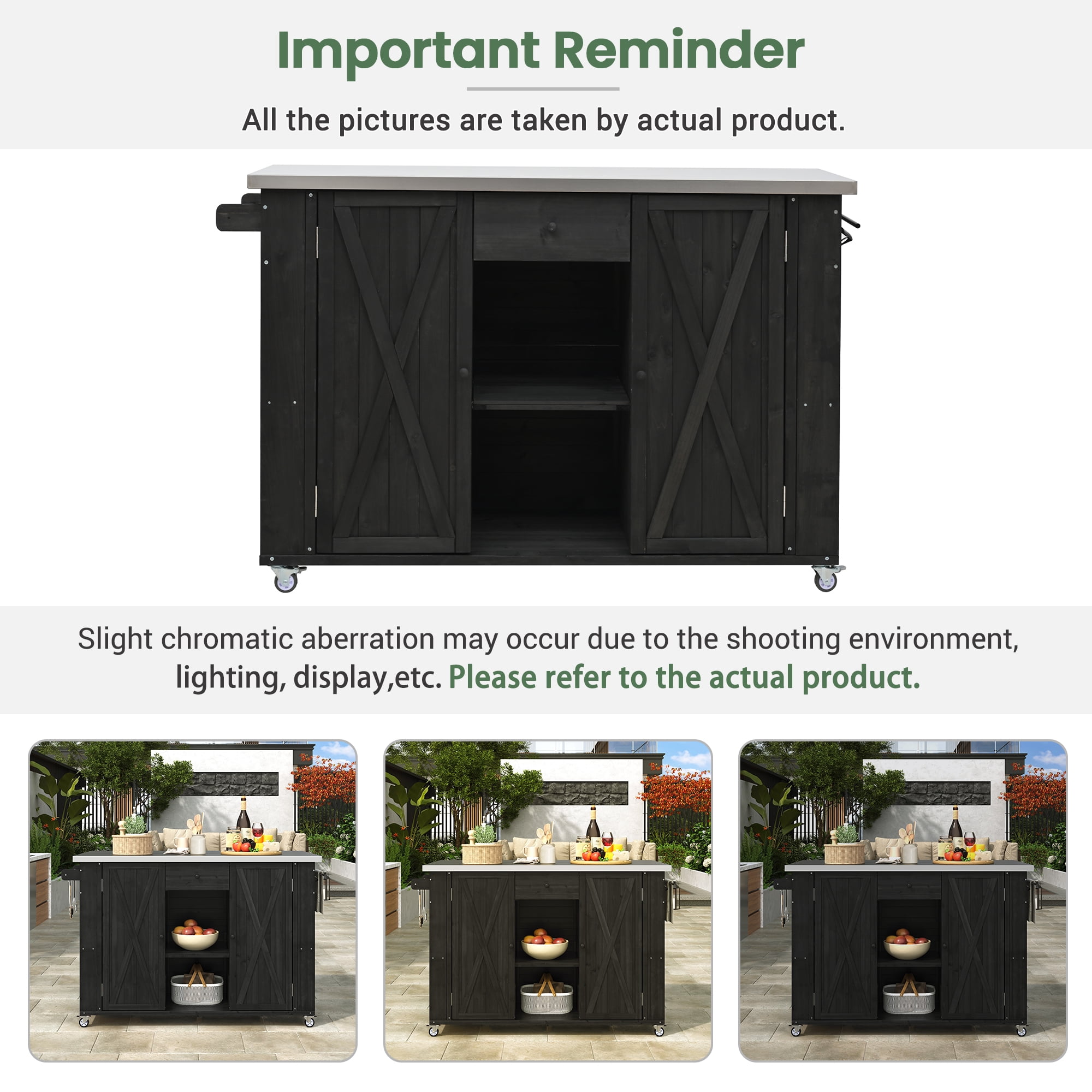 Outdoor Kitchen Islands, Patio Storage, Fir Wood Kitchen Island with Stainless Steel Foldable Top, Lockable Wheels, Ample Storage, Towel and Spice Racks, Bottle Opener for Backyard Patio, Black