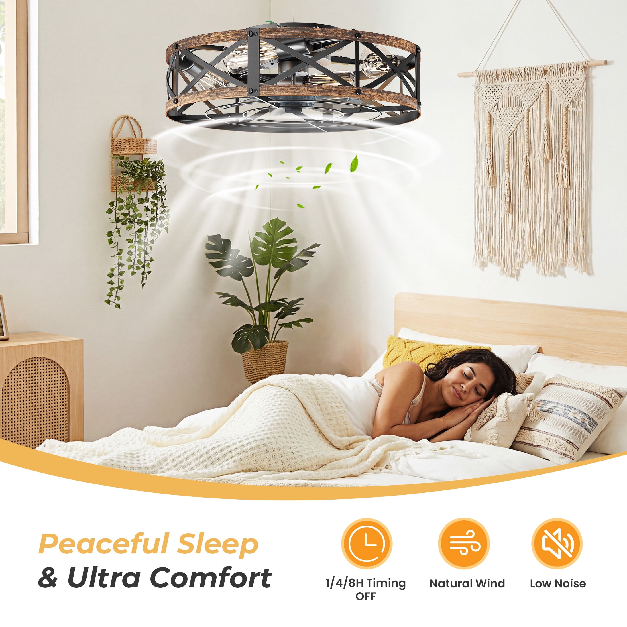 edx 19" Farmhouse Flush Mount Ceiling Fan with Light & Remote, Reversible Blades, Bladeless Safety Cage, 6 Speeds, 8H Timer, Rustic Low Profile Ceiling Fan for Bedroom Kitchen Living Room, Gold