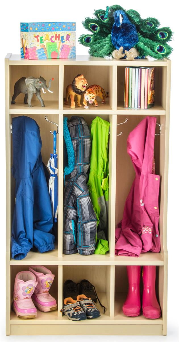 Daycare Preschool Coat Locker with Cubbies, 9 Sections, 6 Hooks, 47.5" Tall, Free Standing (MDF