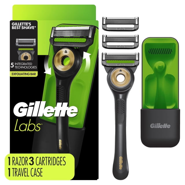 GilletteLabs With Exfoliating Bar Black & Gold Edition, Razor For Men, 1 Handle, 3 Blade Refills, Includes Travel Case for Convenient Storage On The Go