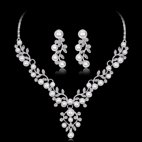 Naierhg Women Elegant Faux Pearl Rhinestone Leaves Necklace Earrings Wedding Jewelry Set