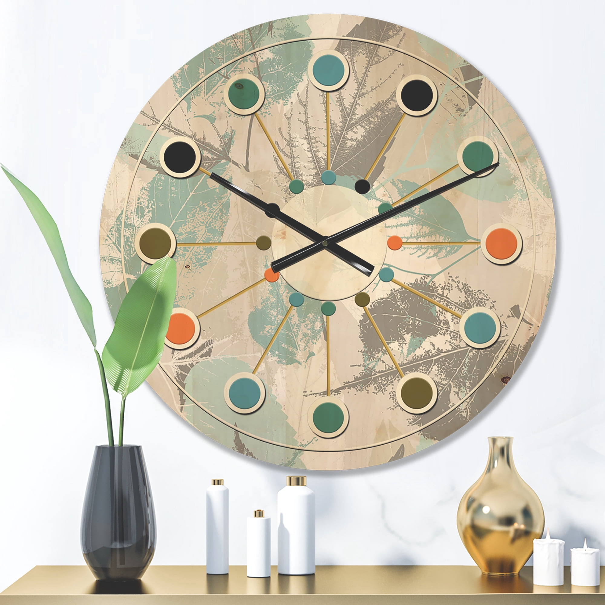 Designart 'Foliage Retro Design I' Mid-Century Modern Wood Wall Clock