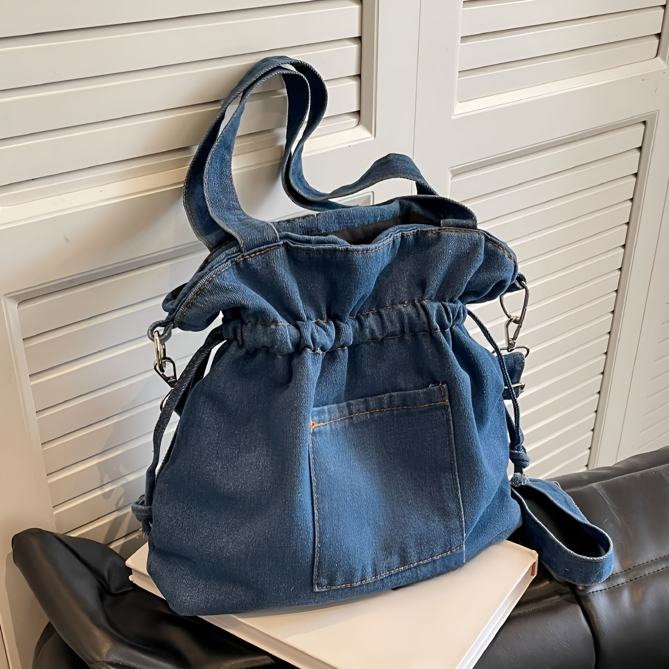 GASTROPOD Denim Tote Bag Vintage Bucket Shoulder Bag Drawstring Crossbody Bag For Women