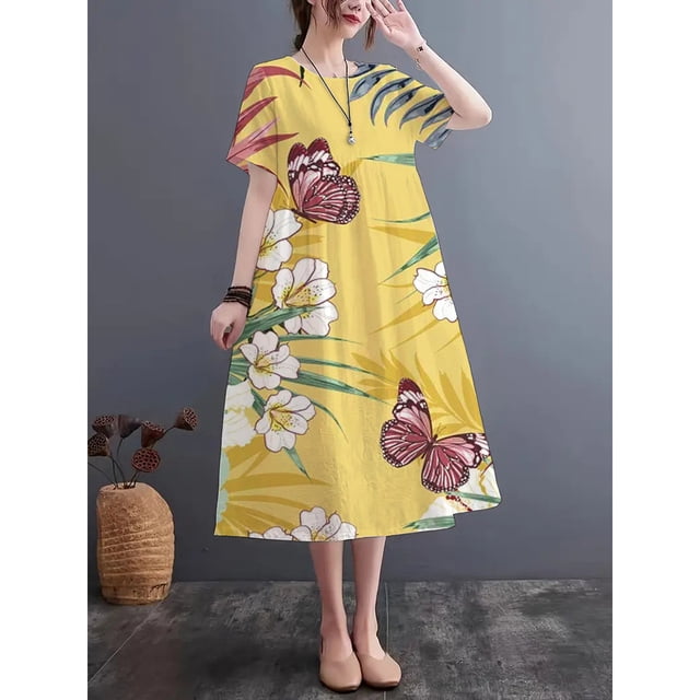 JUNWELL Robe d'Été à Motif Traditionnel Imprimé Col Rond Manches Courtes Imitation Lin Légère Respirante Confortable