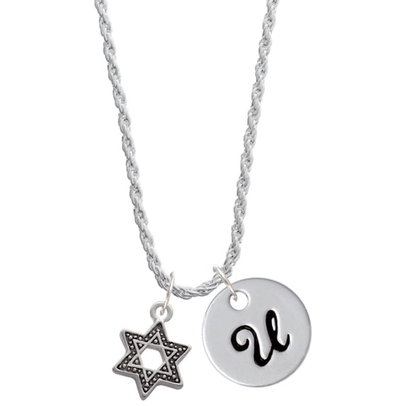 Delight Jewelry Silvertone Star of David with Beaded Border Silvertone Script Initial Disc - U - Charm Necklace, 20"+3"