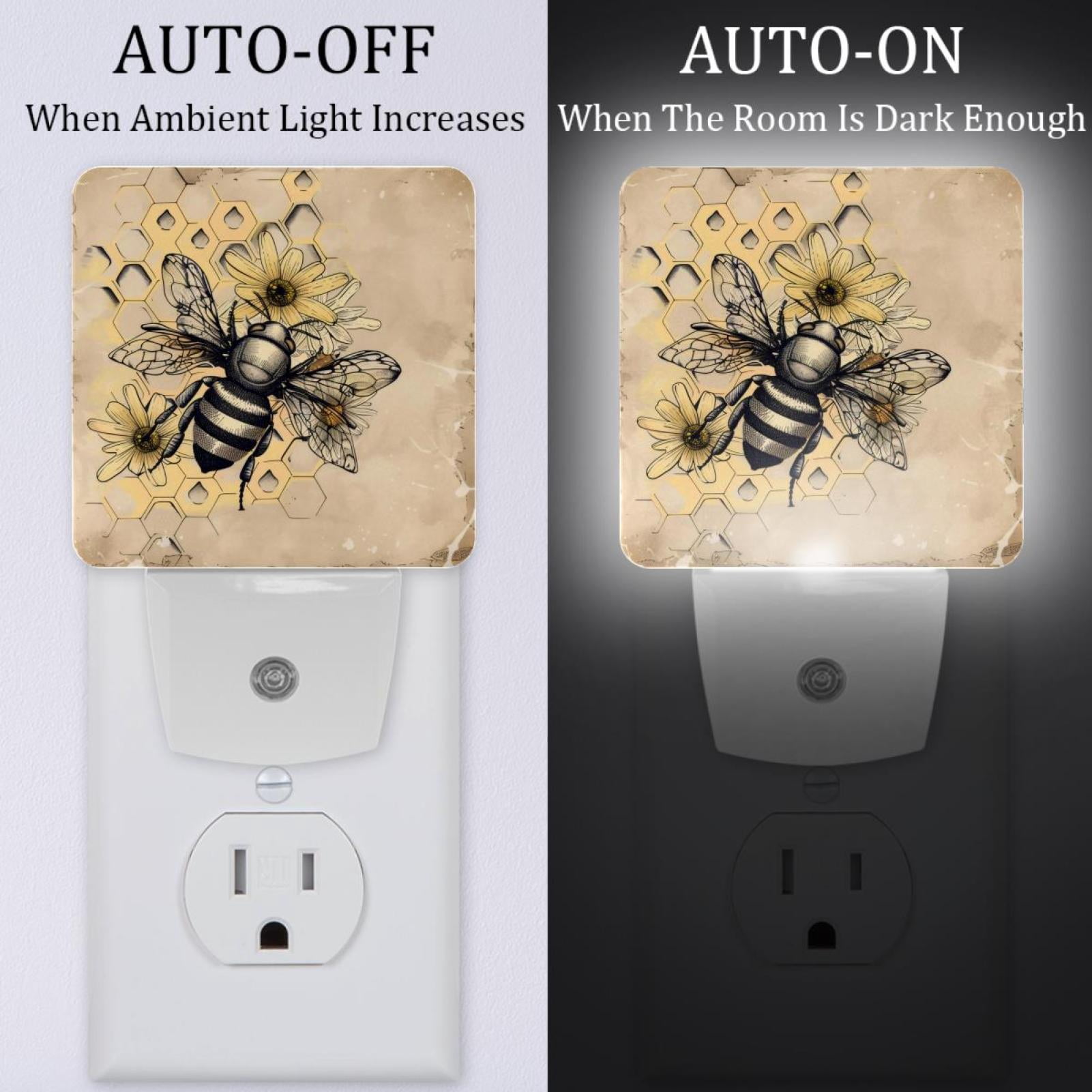 PhooArto Retro Honey Bee Floral Plug in LED Night Light Auto Sensor Dusk to Dawn Decorative Night for Bedroom, Bathroom, Kitchen, Hallway, Stairs, Baby's Room, Energy Saving