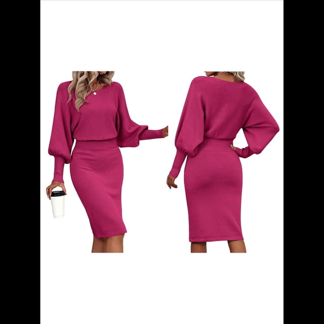Suéter de Larga con Cuello Alto y Farol para Mujer, Estilo Formal, Ajustado, Ajustado, Estilo Lápiz, Midi, para Vestir Rosa Roja M