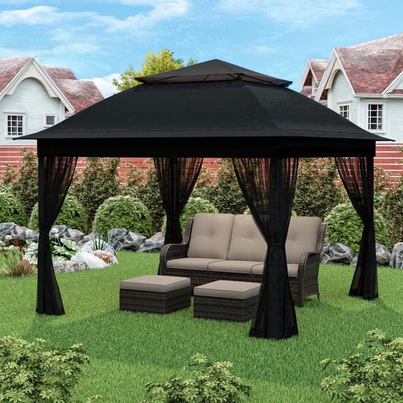 Meetleisure 11'x11' Pop Up Gazebo for Patios, Outdoor Canopy Tent with Sidewalls, Mosquito Netting, Pop Up Shelter for Wedding Party, Black